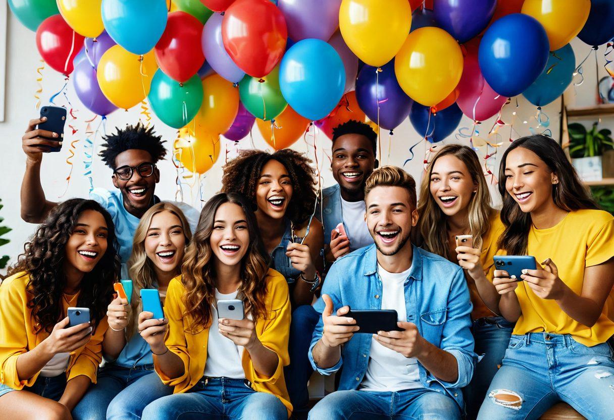 A vibrant scene depicting a diverse group of friends joyfully engaging in a live stream, surrounded by colorful decorations and tech gadgets. The background showcases a lively party atmosphere with balloons and streamers, while the friends are laughing and sharing moments on their devices. Incorporate elements like emojis and chat bubbles to represent online interaction. The overall mood is cheerful and energetic, emphasizing the fun of live streaming. vibrant colors. super-realistic.