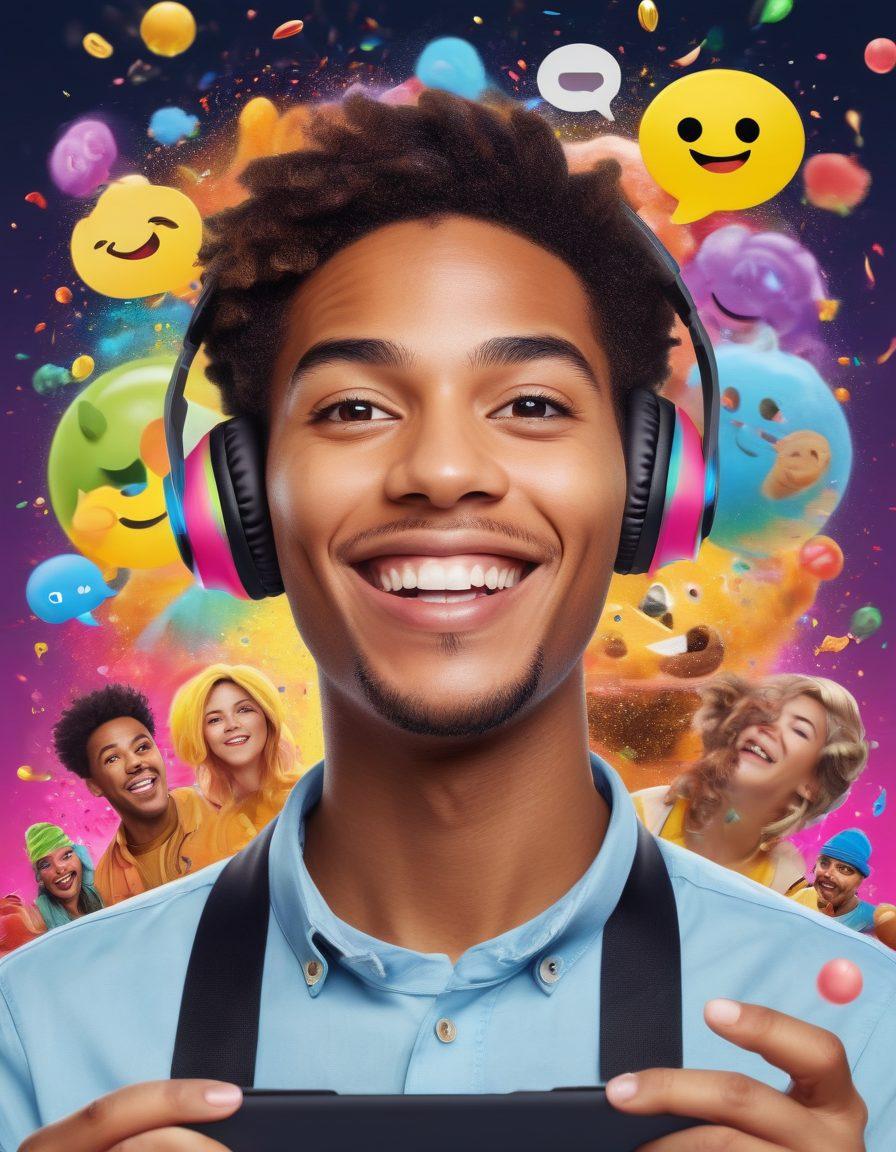 A vibrant montage capturing diverse people joyfully engaging in live streaming activities, from gaming to cooking, surrounded by colorful chat bubbles and emojis, with a festive atmosphere full of confetti and lights. Highlight the joy and excitement on their faces as they connect with an online audience. super-realistic. vibrant colors. dynamic composition.