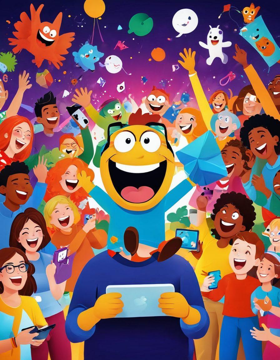 A whimsical digital collage depicting a gigantic cartoon character bursting with laughter, surrounded by a diverse group of people of all ages sharing joyful smiles while enjoying various forms of virtual entertainment on their devices. Bright colors and playful elements animate the scene to showcase the joy of online interactions. The background includes elements of gaming, streaming, and virtual gatherings, creating a lively atmosphere. vibrant colors. playful art style.